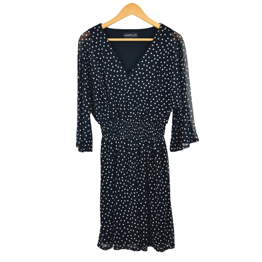 Harper 241 Womens Polka Dot Mini Dress Black‎ White Smocked Waist V-Neck Size M